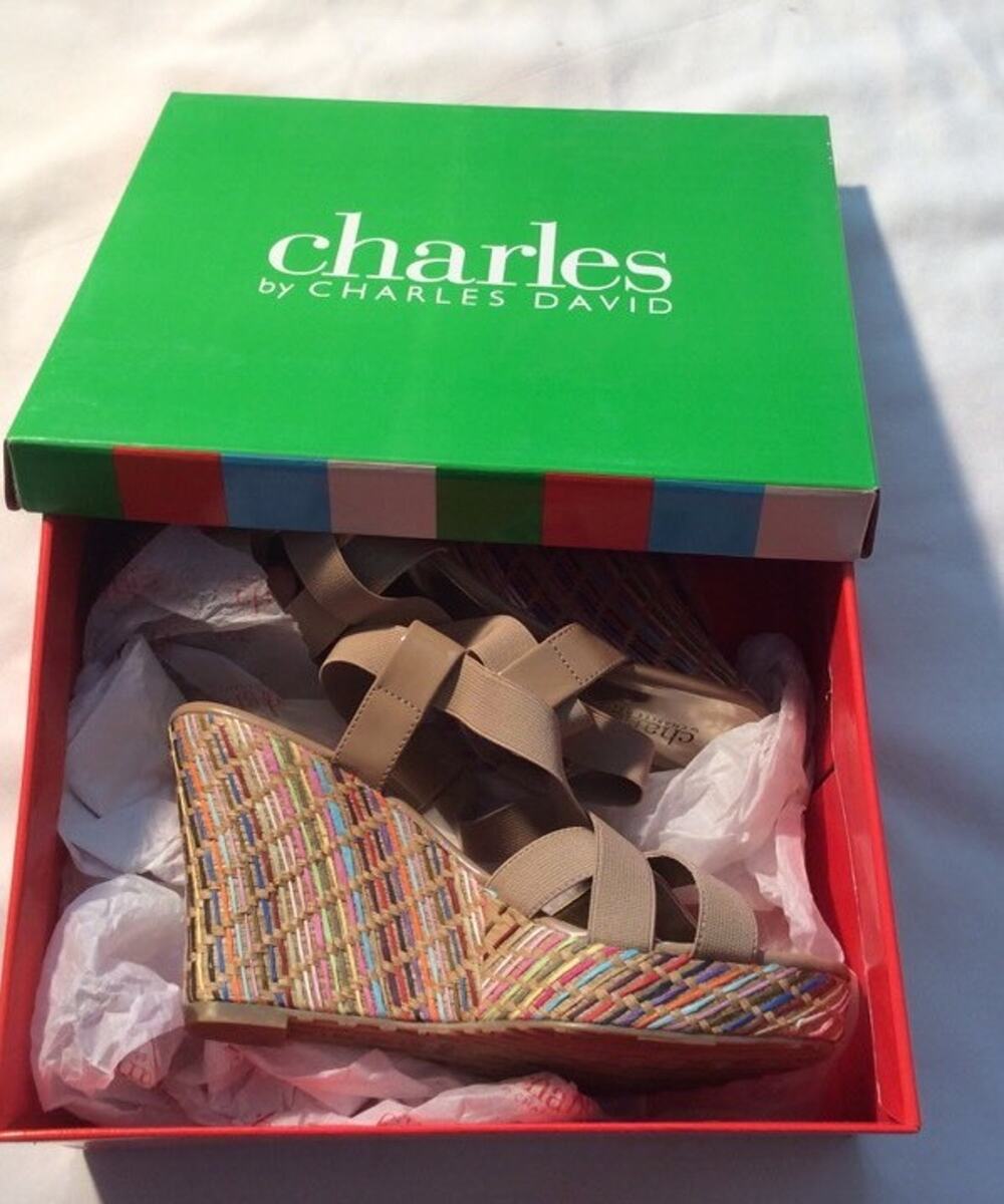 CHARLES by CHARLES DAVID "Legit" Camel open toe elastic X strap-wedge Size 8.5